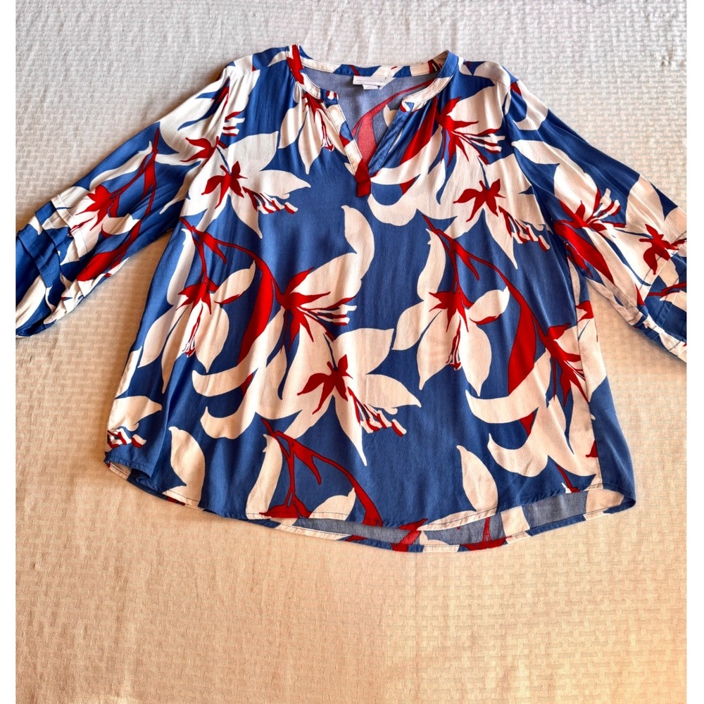 Liz Claiborne XL Blue Red Floral Peasant Blouse Tiered 3/4 Sleeve Tropical Lily